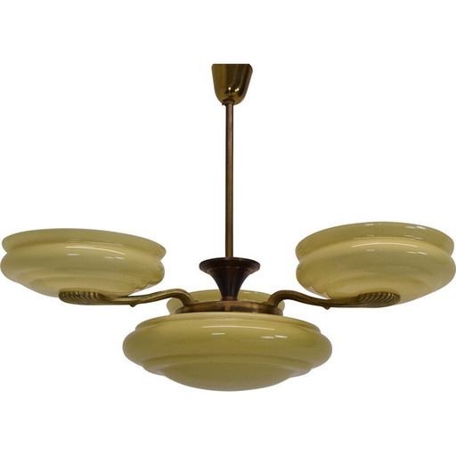 Lustre vintage Art déco en verre et laiton, Tchécoslovaquie, années 1930