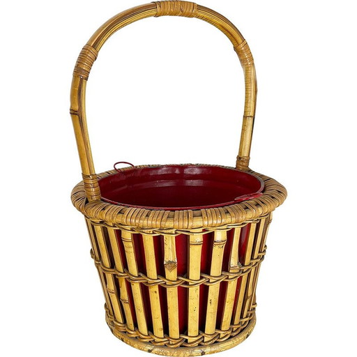 Jardinière minimaliste vintage en bambou et métal, France 1960s