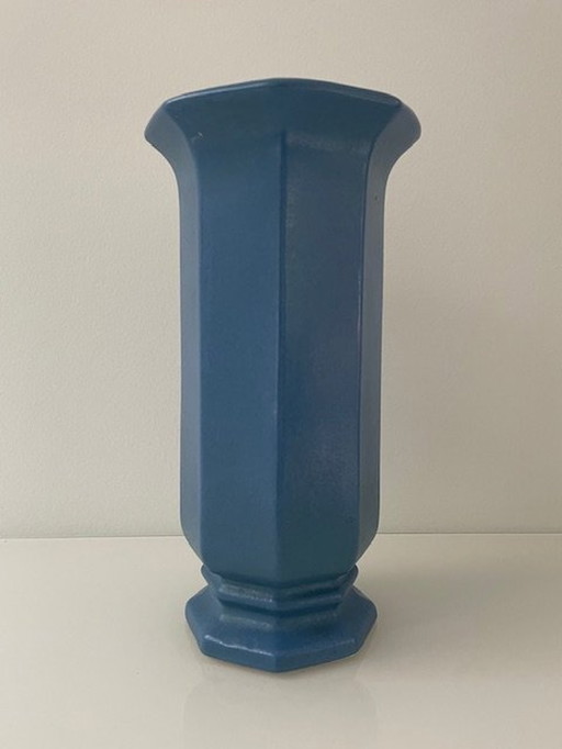 Vase Vintage Mid Century Octogone Céramique Bleu clair/Noir