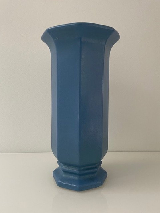 Image 1 of Vase Vintage Mid Century Octogone Céramique Bleu clair/Noir