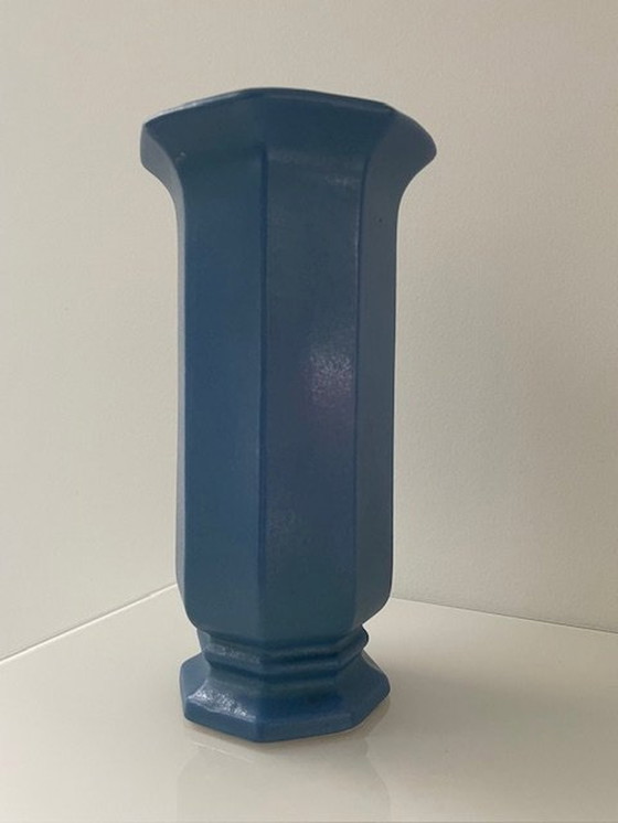 Image 1 of Vase Vintage Mid Century Octogone Céramique Bleu clair/Noir