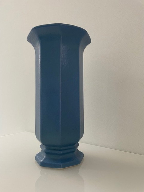 Image 1 of Vase Vintage Mid Century Octogone Céramique Bleu clair/Noir