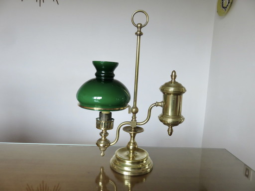 Imposante Lampe Victorienne, Bronze Et Opaline Verte