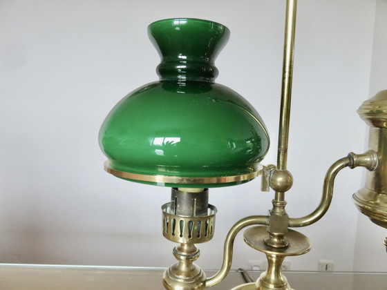 Image 1 of Imposante Lampe Victorienne, Bronze Et Opaline Verte