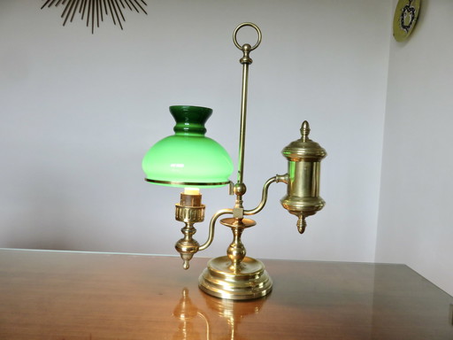 Imposante Lampe Victorienne, Bronze Et Opaline Verte