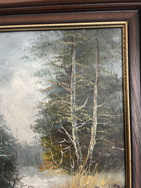 Image 1 of Tableau avec scène de forêt et faisan dans un cadre en bois original