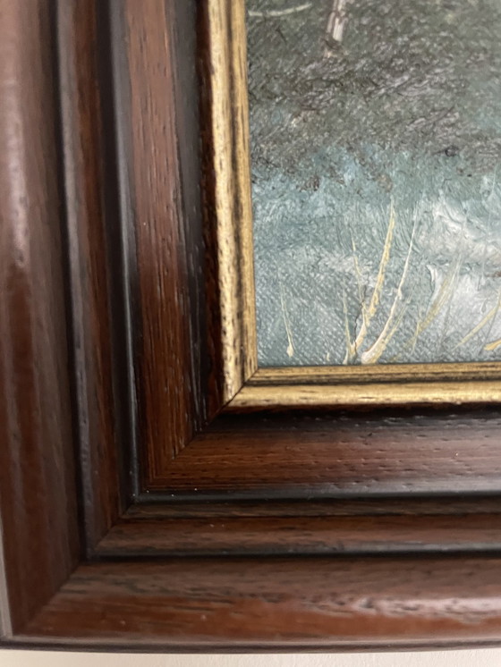 Image 1 of Tableau avec scène de forêt et faisan dans un cadre en bois original