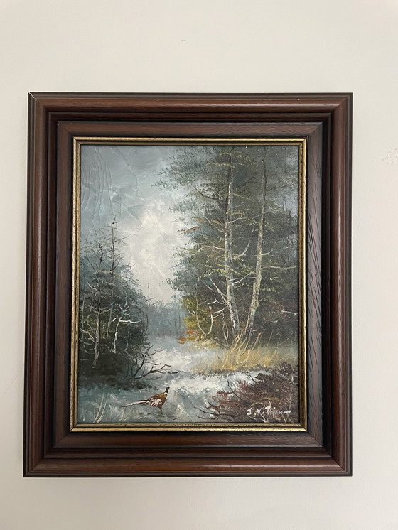 Image 1 of Tableau avec scène de forêt et faisan dans un cadre en bois original