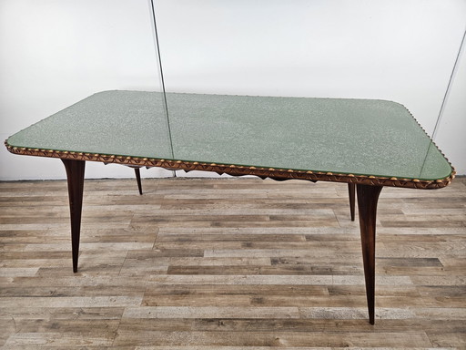 Table en bois des années 1960 avec plateau en verre vert décoré