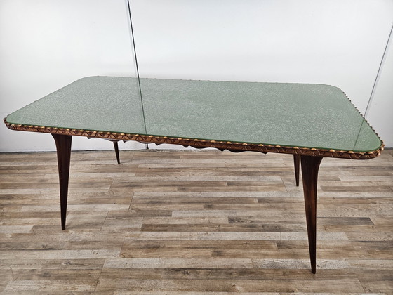 Image 1 of Table en bois des années 1960 avec plateau en verre vert décoré