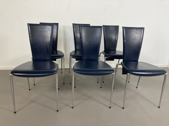 Image 1 of Ensemble de 6 chaises en cuir bleu foncé Arper Italy Design