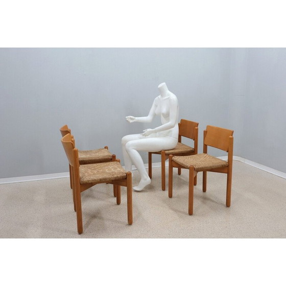 Image 1 of Ensemble de 4 chaises de salle à manger vintage en bois avec assise en paille, 1970
