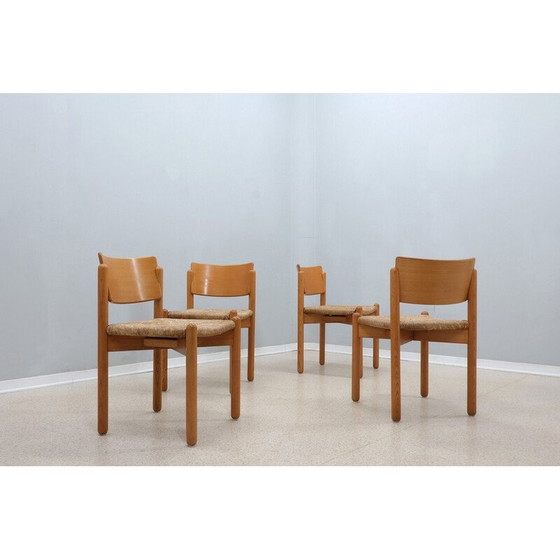 Image 1 of Ensemble de 4 chaises de salle à manger vintage en bois avec assise en paille, 1970
