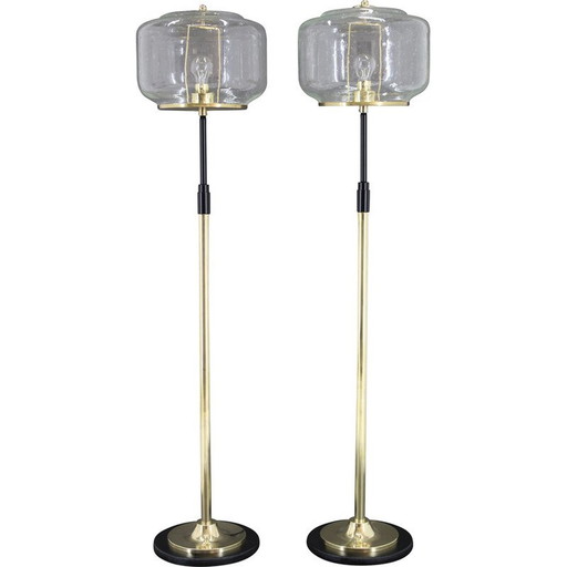 Paire de lampadaires vintage en verre et laiton par Kamenicky Senov, Tchécoslovaquie 1970