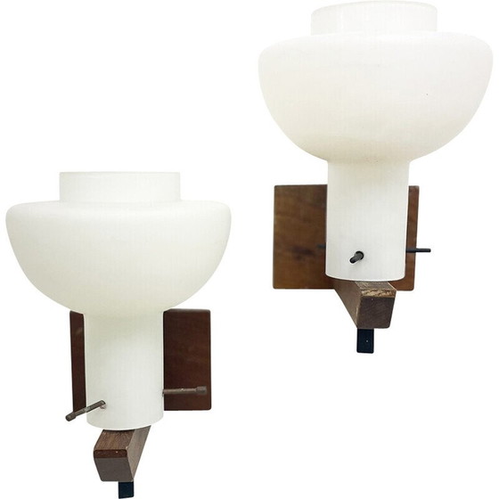 Image 1 of Paire d'appliques vintage en bois et opaline, 1970