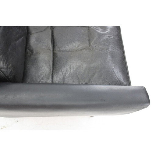 Fauteuil vintage à haut dossier en hêtre massif et cuir, Danemark 1970