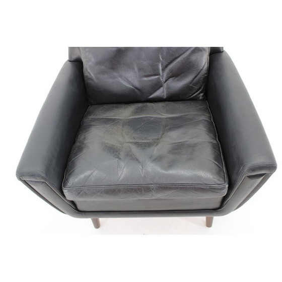 Image 1 of Fauteuil vintage à haut dossier en hêtre massif et cuir, Danemark 1970