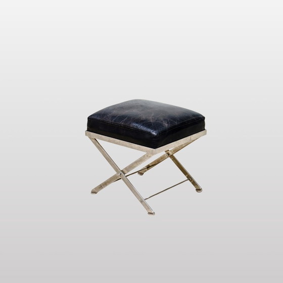 Image 1 of Fauteuil vintage avec ottoman en acier chromé et cuir noir pour Maison Jansen, France 1980