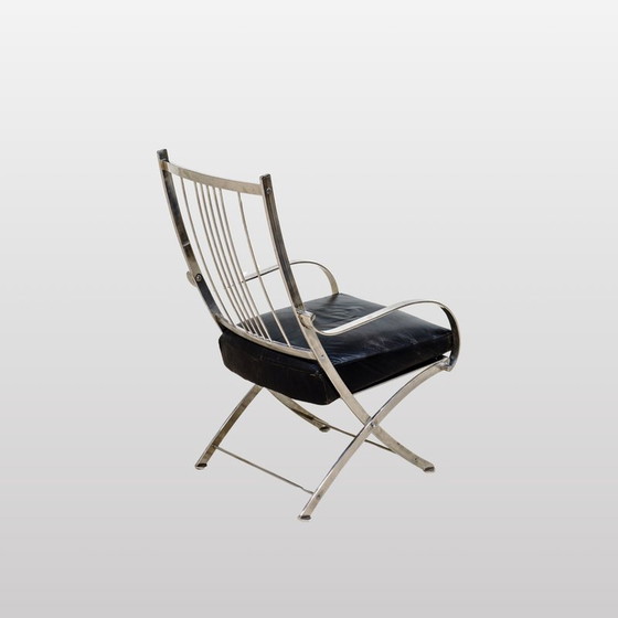 Image 1 of Fauteuil vintage avec ottoman en acier chromé et cuir noir pour Maison Jansen, France 1980