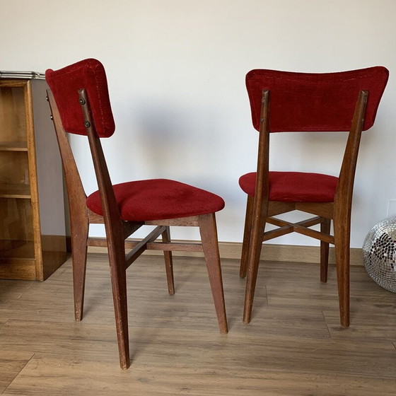 Image 1 of Paire de chaises vintage en velours rouge et bois, 1960