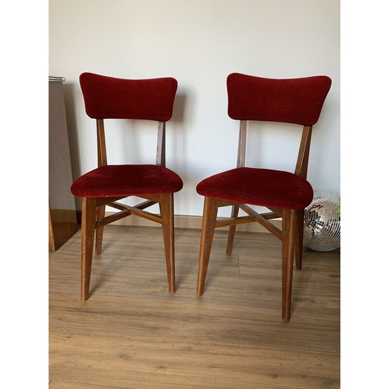 Image 1 of Paire de chaises vintage en velours rouge et bois, 1960
