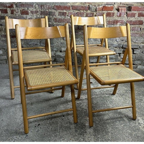 Image 1 of Ensemble de 4 chaises vintage en hêtre et rotin, Italie 1980