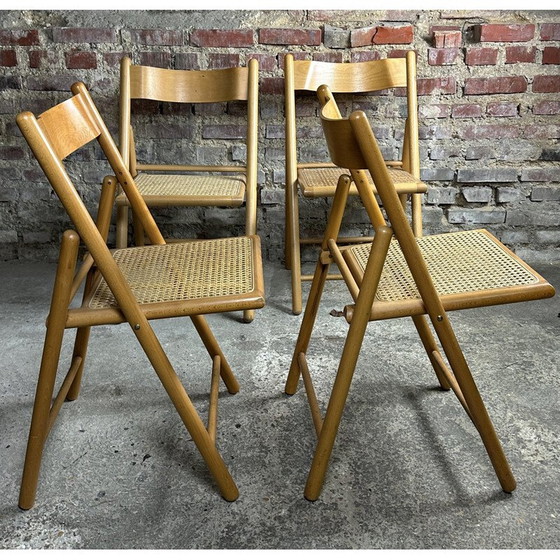Image 1 of Ensemble de 4 chaises vintage en hêtre et rotin, Italie 1980