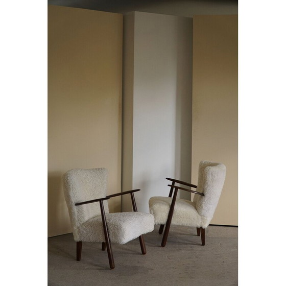 Image 1 of Paire de fauteuils vintage en laine d'agneau et hêtre massif, Danemark 1960