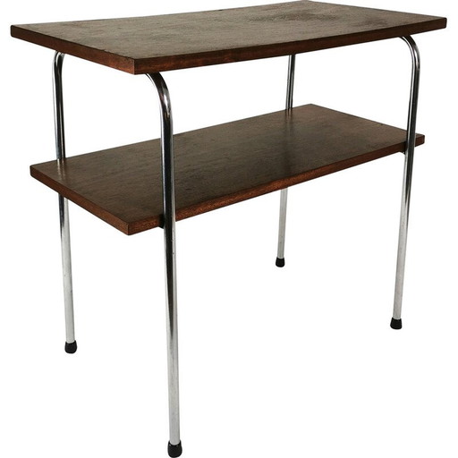 Table d'appoint vintage Bauhaus en placage de noyer et métal, Tchécoslovaquie 1940