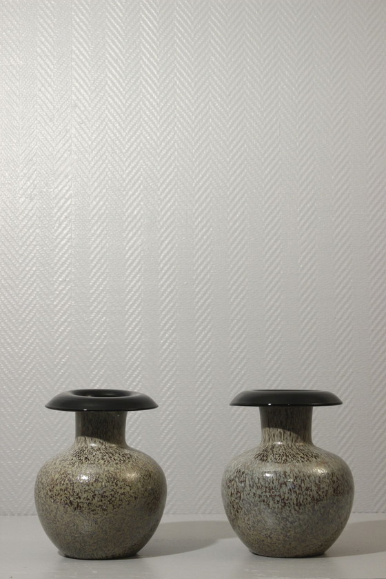 Image 1 of Paire De Grands Vases Vintage Verre Soufflé Moucheté Irisé