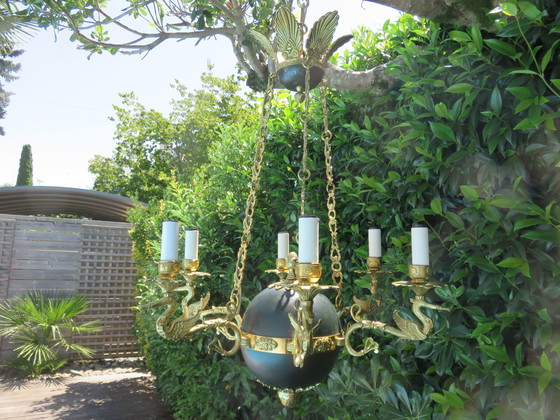 Image 1 of Lustre Empire "Aux Cygnes" Par Lucien Gau, Paris, Bronze Doré À L'Or Vif