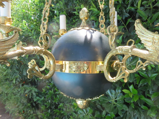 Image 1 of Lustre Empire "Aux Cygnes" Par Lucien Gau, Paris, Bronze Doré À L'Or Vif