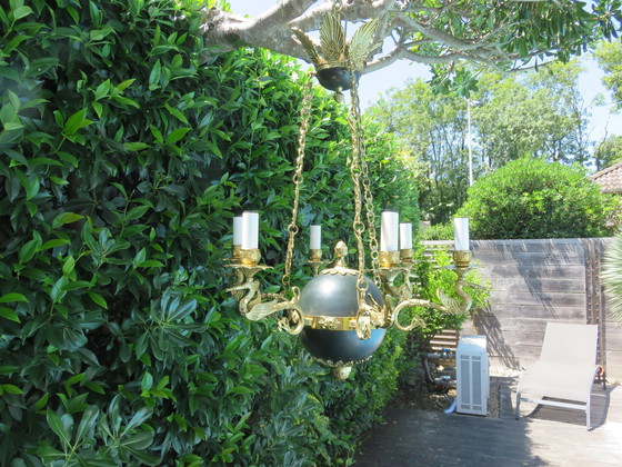 Image 1 of Lustre Empire "Aux Cygnes" Par Lucien Gau, Paris, Bronze Doré À L'Or Vif