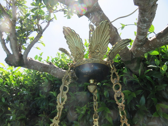 Image 1 of Lustre Empire "Aux Cygnes" Par Lucien Gau, Paris, Bronze Doré À L'Or Vif