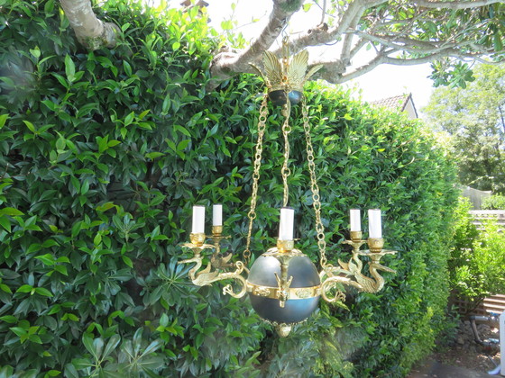 Image 1 of Lustre Empire "Aux Cygnes" Par Lucien Gau, Paris, Bronze Doré À L'Or Vif