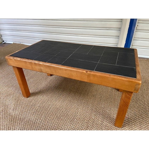 Table d'appoint vintage en orme et ardoise par Pierre Chapo, 1980