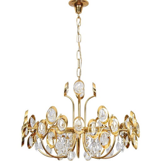 Lustre du milieu du siècle en laiton doré et cristal par Palwa, Allemagne années 1960