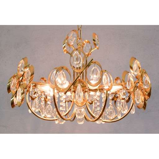 Lustre du milieu du siècle en laiton doré et cristal par Palwa, Allemagne années 1960