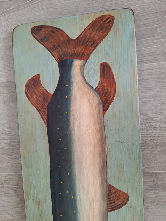 Image 1 of Oeuvre d'art ancienne Poisson peint sur panneau de bois