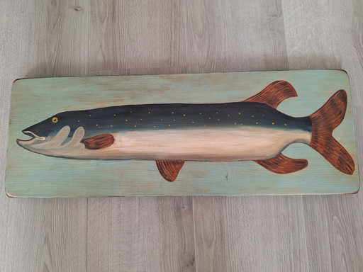 Oeuvre d'art ancienne Poisson peint sur panneau de bois