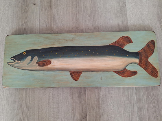 Image 1 of Oeuvre d'art ancienne Poisson peint sur panneau de bois