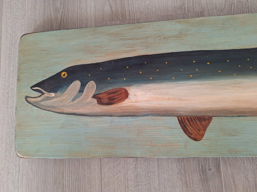 Oeuvre d'art ancienne Poisson peint sur panneau de bois