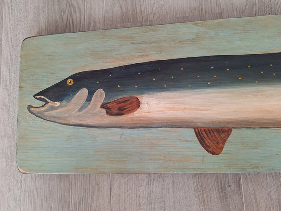 Image 1 of Oeuvre d'art ancienne Poisson peint sur panneau de bois