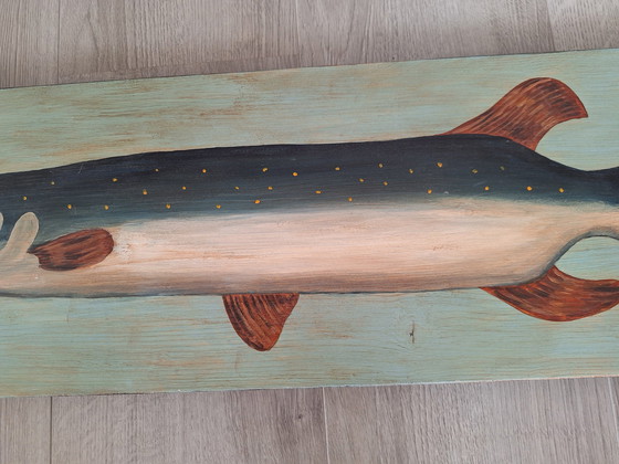 Image 1 of Oeuvre d'art ancienne Poisson peint sur panneau de bois