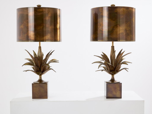 Maison Charles Paire de lampes en bronze patiné et laiton Agave 1970S