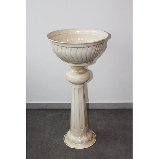 Jardinière vintage sur pied en métal émaillé