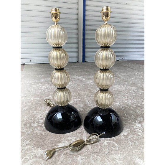 Image 1 of Paire de lampes vintage en verre de Murano noir et or, 1980