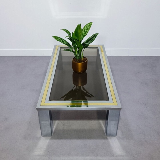 Image 1 of Dewulf Belgochrome table basse vintage en or et chrome avec verre fumé