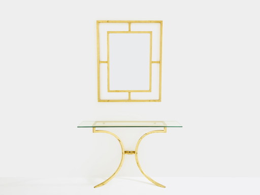 Roger Thibier Table console en fer forgé doré avec miroir 1960s