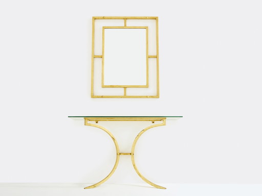 Roger Thibier Table console en fer forgé doré avec miroir 1960s